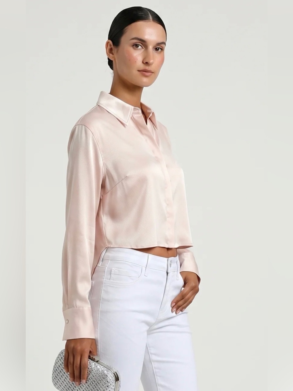 Robertson & Rodeo High Low Blush Satin Crop Button Down Shirt NWT Size Small